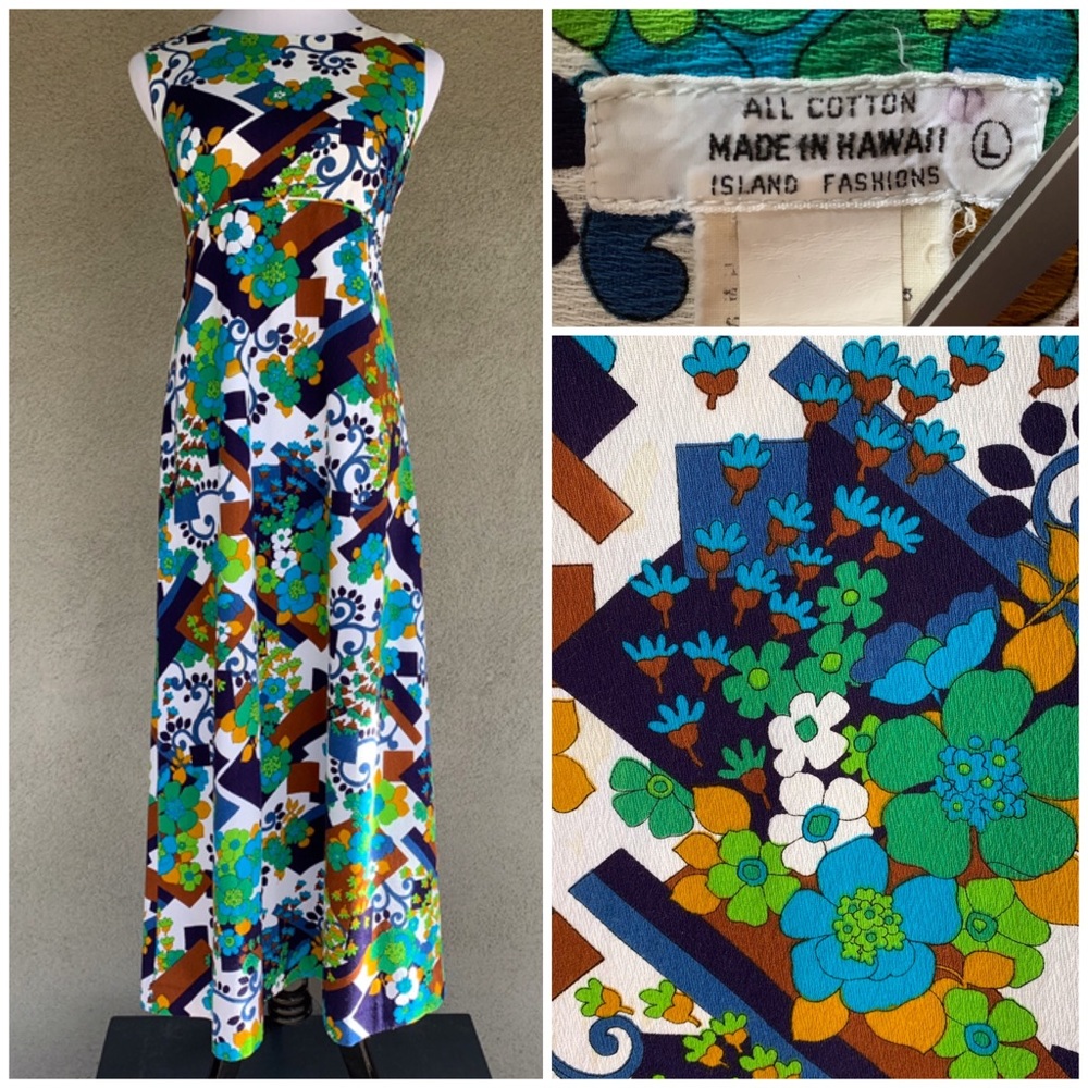🌺 Vintage Hawaiian Barkcloth Dress Mod Print Tiki 🌺
